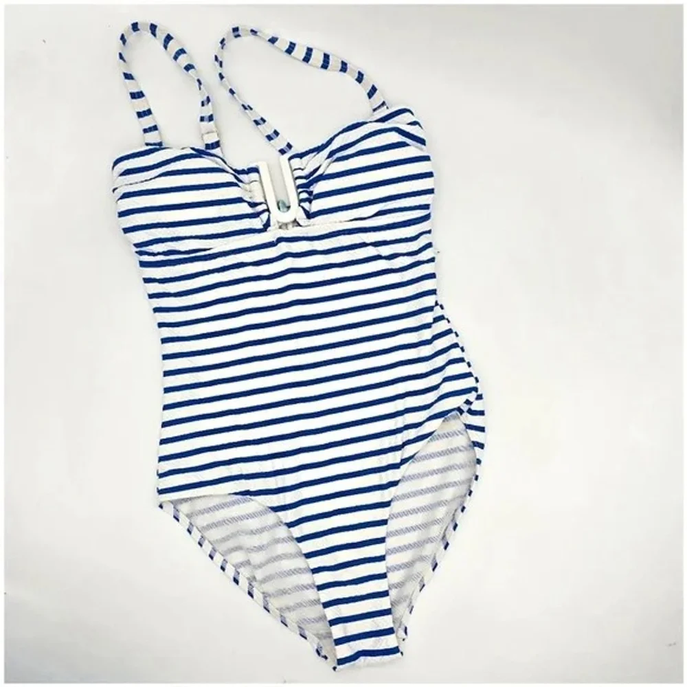 Sea Level Swim One Piece Swimsuit Womens 6 Blue White Stripe U Ring - Picture 3 of 12